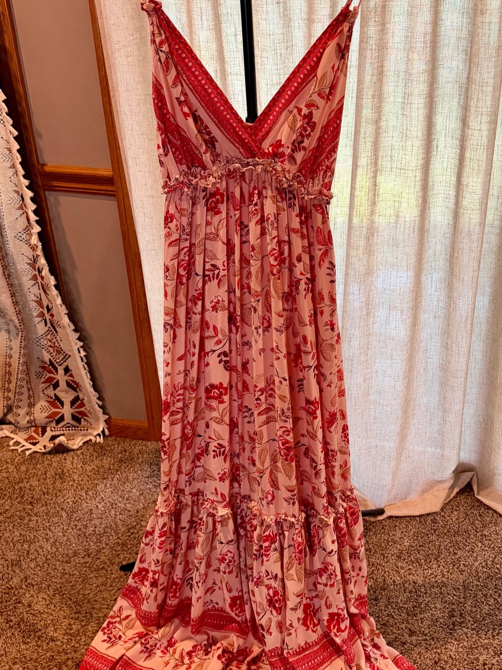Pink Floral Maxi Dress with V-Neck